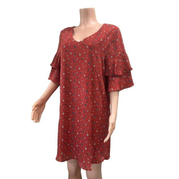 She + Sky Women SZ Large Maroon Floral Multi Mini Dress-Bell Sleeve-Pullover - Picture 13 of 13
